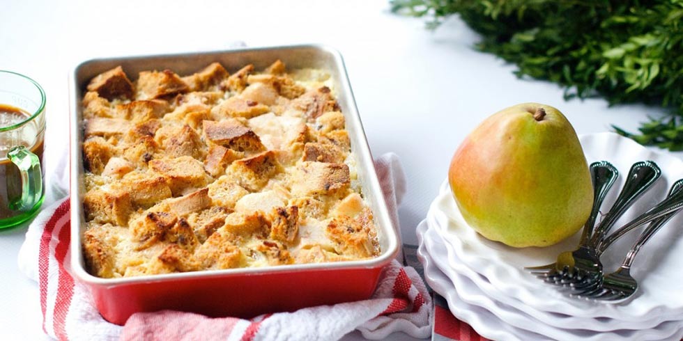 Pear Bread Pudding with Caramel Sauce